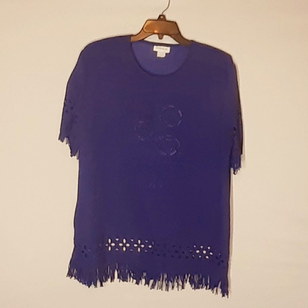 REBEKAH Vintage Short Sleeve Knit Top w Fringe; Purple; Plus Size